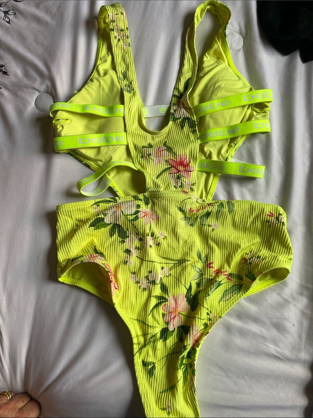 bebe Neon Yellow Floral Cutout One-Piece Swimsuit